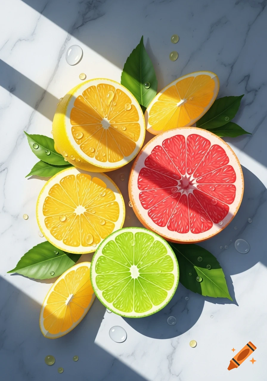 Photorealistic overhead view of quartered lemons, limes, and grapefruits with green leaves and water droplets on a marble surface.