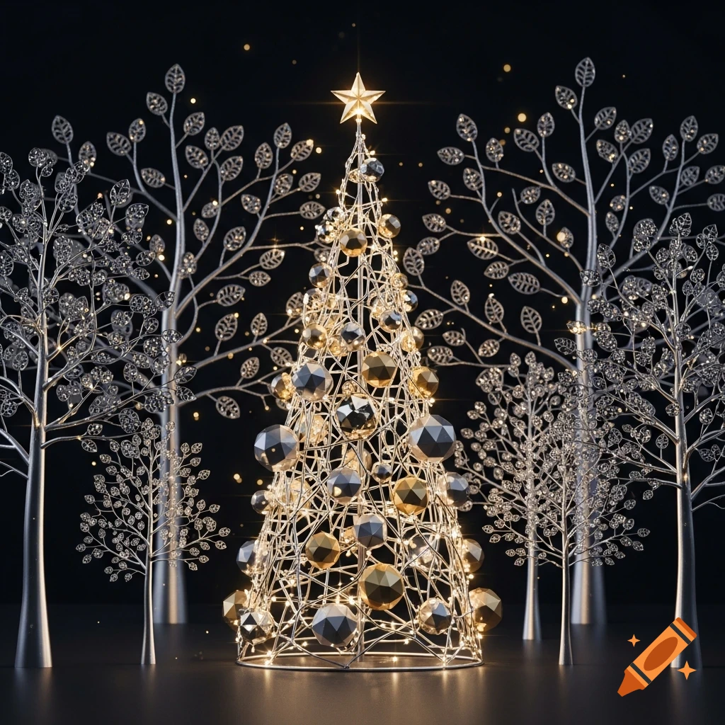 A whimsical metallic Christmas tree with gold and silver ornaments, surrounded by metallic trees on a dark background.