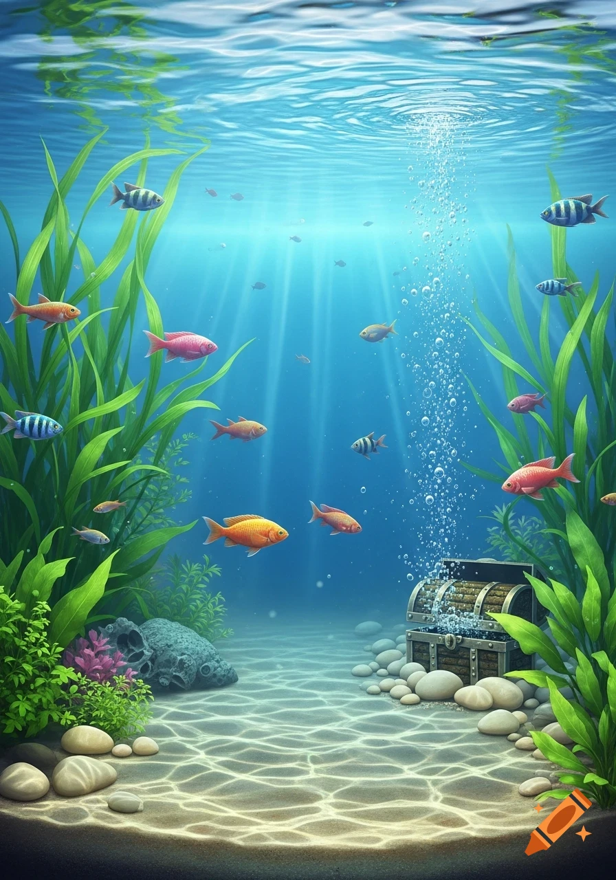 Vibrant underwater scene with colorful fish, green plants, a treasure chest, and sunlight filtering through clear blue water.