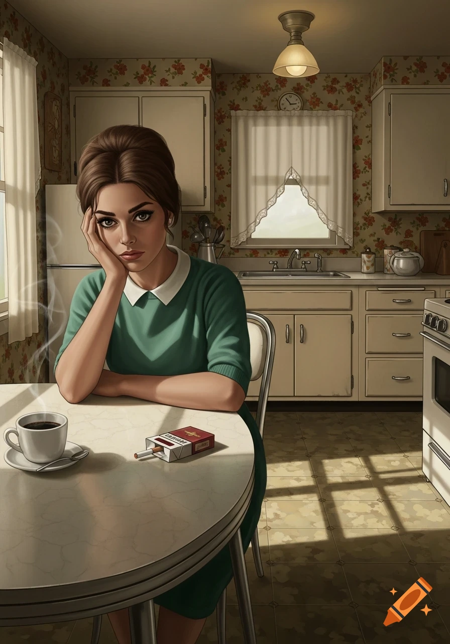An illustrated woman with dark hair and a green dress, looking tired, sits at a kitchen table with coffee and cigarettes in a 1960s-style kitchen.
