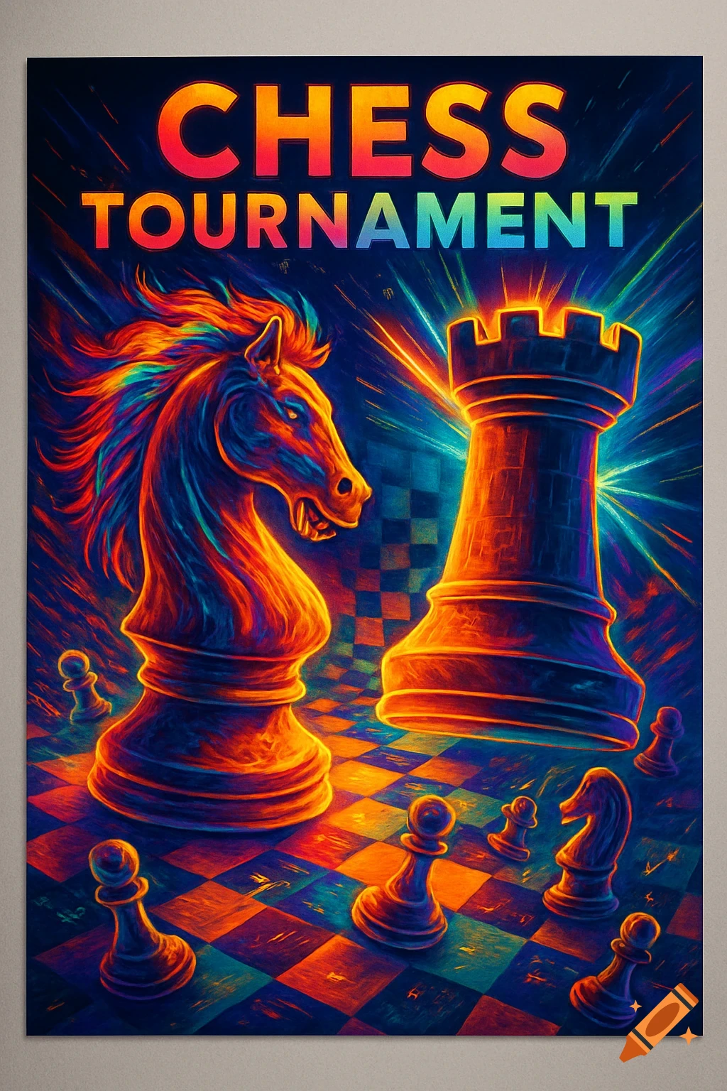 Vibrant neon poster for a chess tournament featuring a glowing knight, rook, and pawns on a colorful checkerboard.