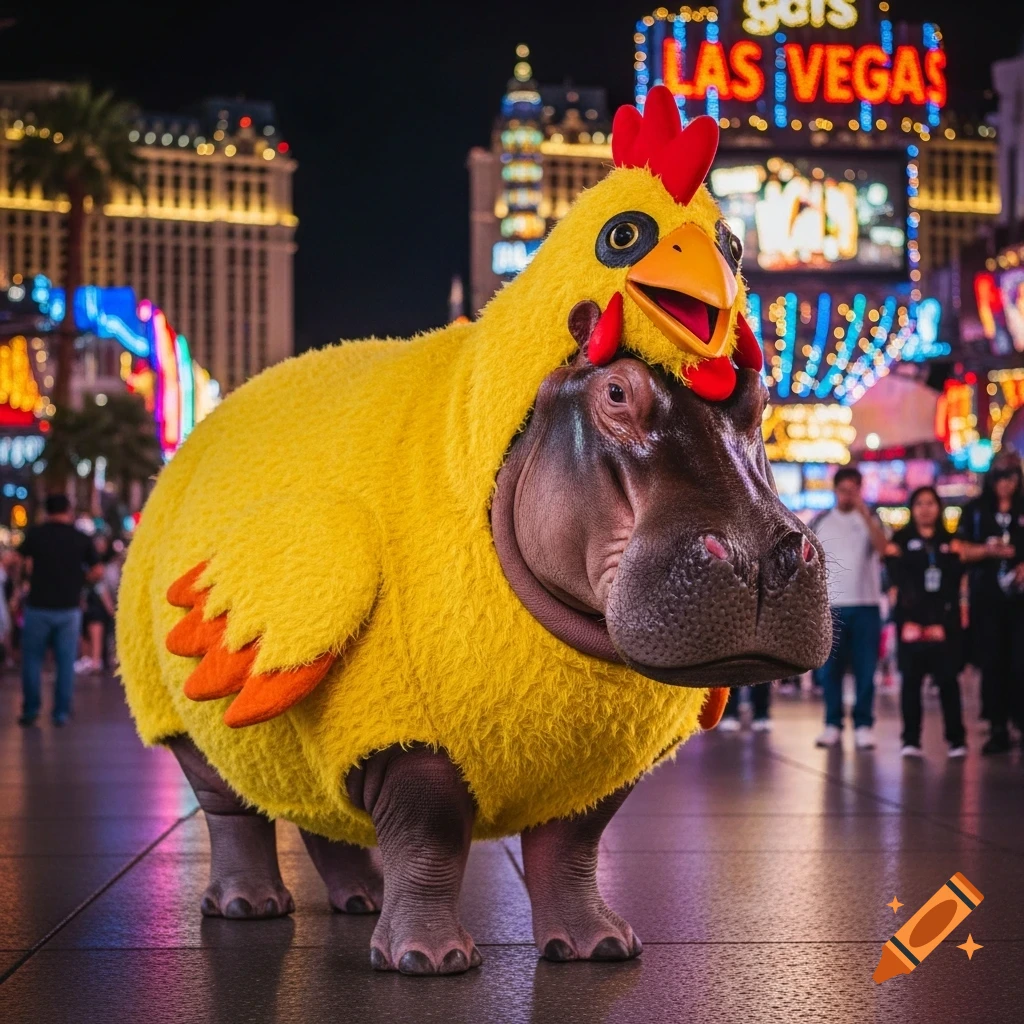 A photorealistic hippopotamus wearing a yellow chicken costume stands on a neon-lit Las Vegas street at night.