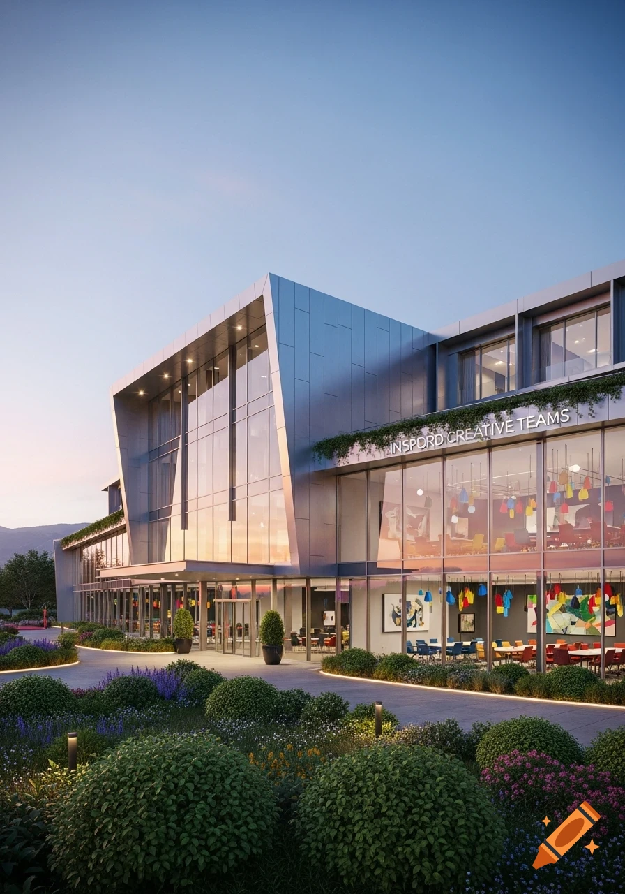 Modern angular building with a glass facade and 'INSPORD CREATIVE TEAMS' sign, surrounded by lush gardens under a clear sky.
