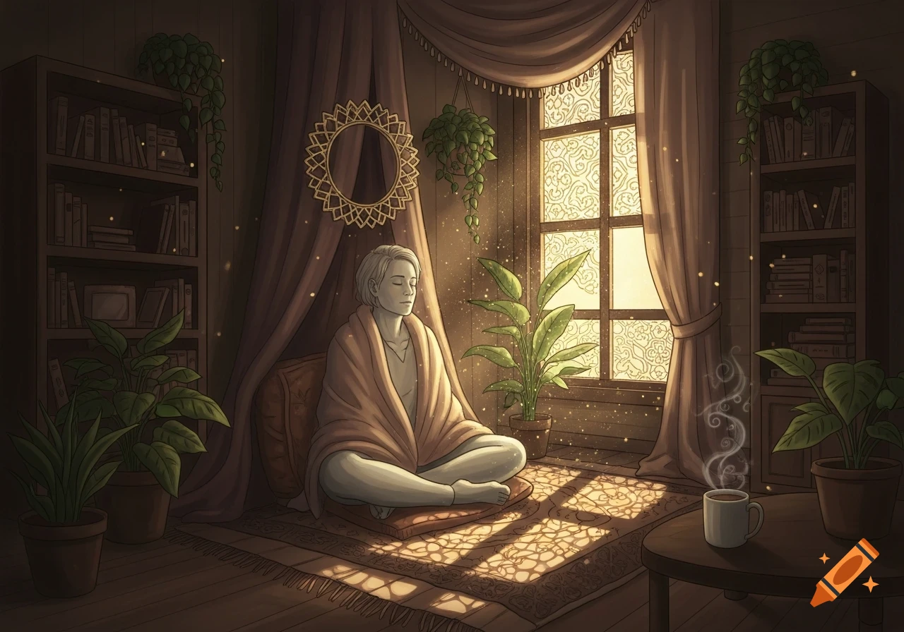 A person meditates peacefully in a cozy, sunlit room with plants, books, and light streaming through a patterned window.