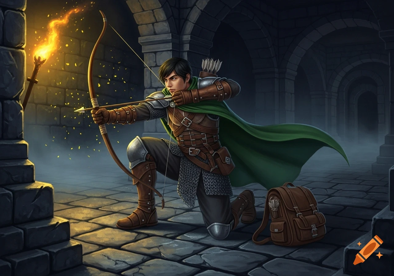 A male D&D ranger with short black hair kneels, aiming a longbow in a dark dungeon, wearing leather armor and a green cloak.