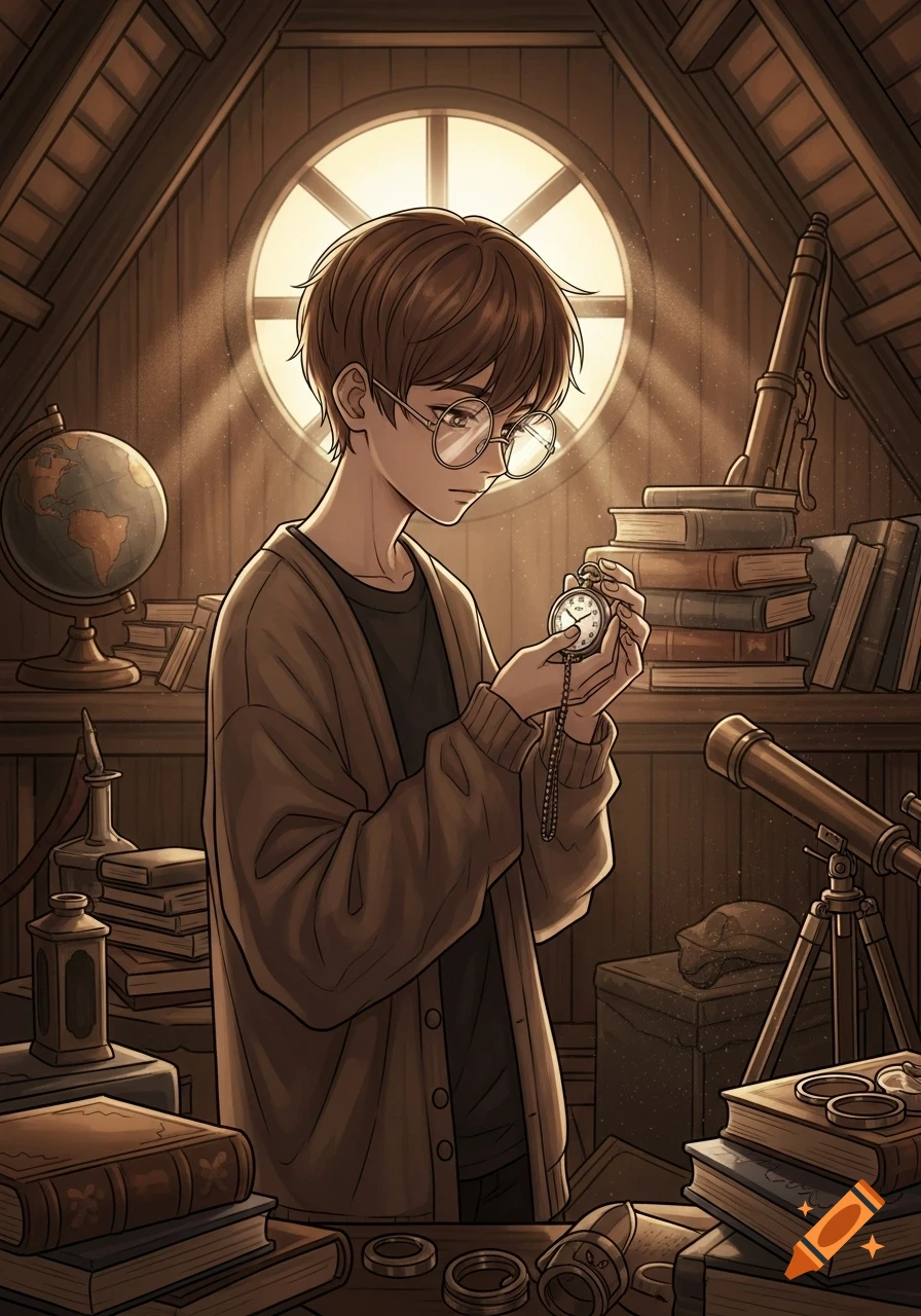 Anime-style boy with glasses holds a pocket watch in a sunlit attic study filled with a globe, books, and telescopes.