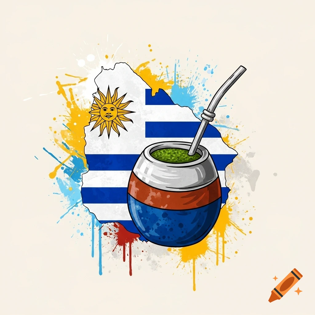 Abstract illustration combining the map of Uruguay with its flag, a mate cup, and bombilla, all depicted with watercolor and paint splash effects in blue, white, red, yellow, and green.