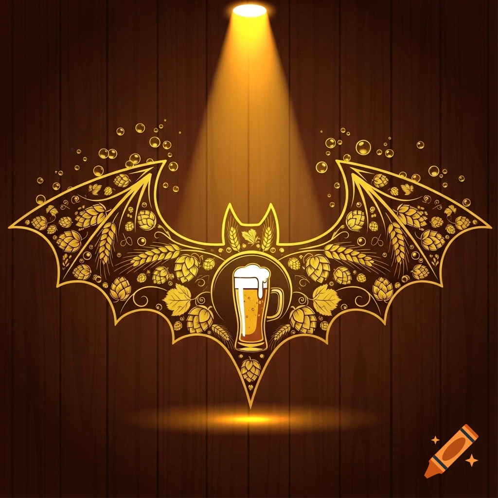 A gold bat symbol, intricately filled with hops, wheat, and a beer glass, on a dark wooden background under a spotlight.