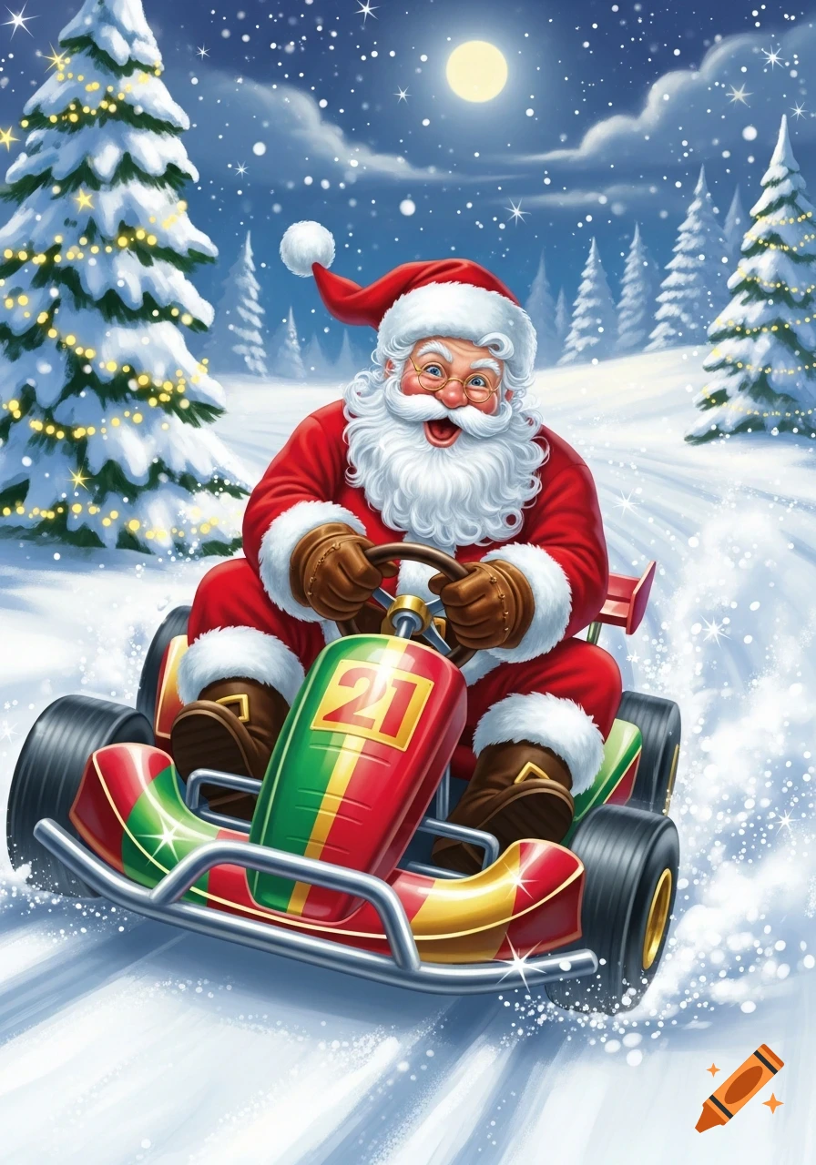 Santa Claus smiling and driving a festive red and green go-kart through a snowy, moonlit forest, with decorated Christmas trees.
