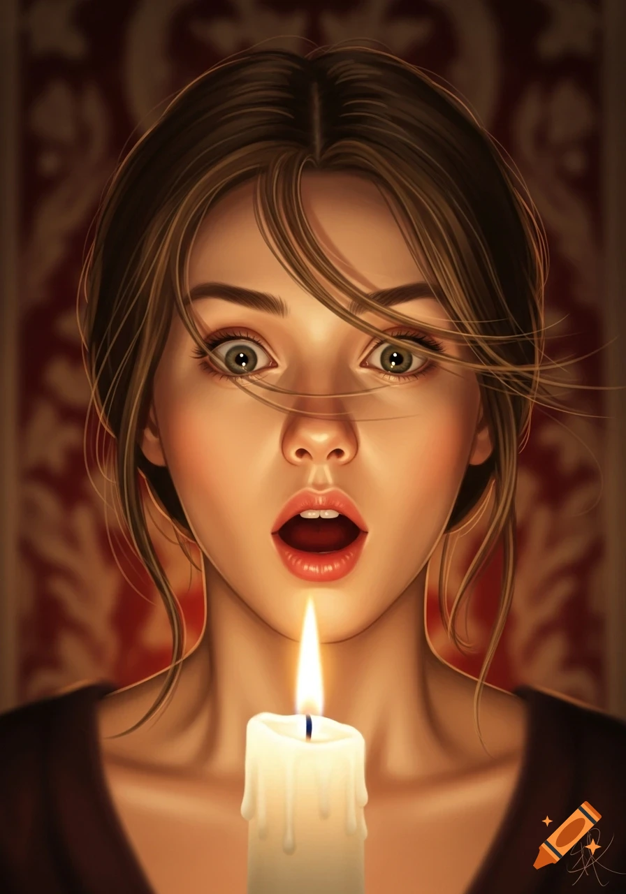 Digital painting of a surprised young woman with wide eyes and open mouth, illuminated by the glow of a candle below her chin.