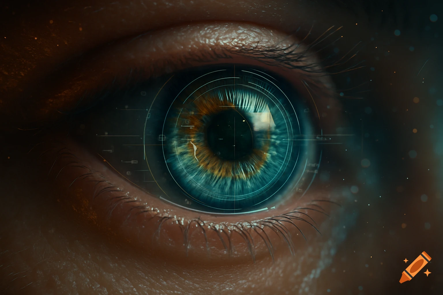 Extreme macro close-up of a hyper-realistic human eye with teal and amber iris and futuristic holographic HUD overlays.