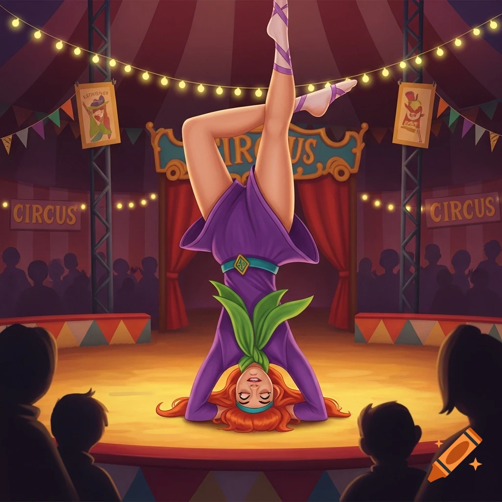 Daphne from Scooby-Doo performing a contortionist act in a circus, standing on her head with legs in the air. Her eyes are crossed.