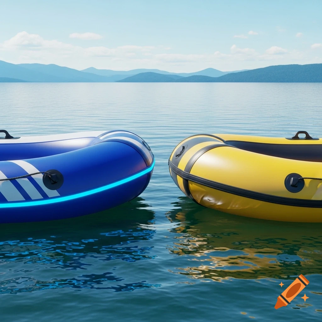 Two inflatable boats, one blue and one yellow, float on calm water with mountains in the background.
