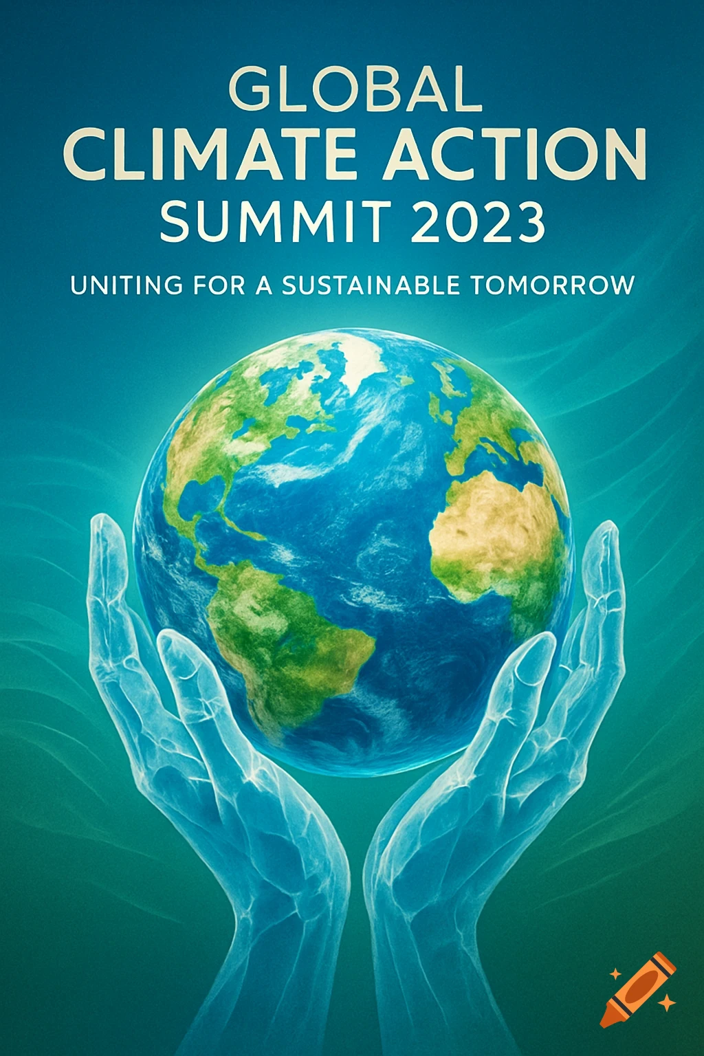 A poster for the Global Climate Action Summit 2023, showing the Earth held by glowing blue hands against a teal background.