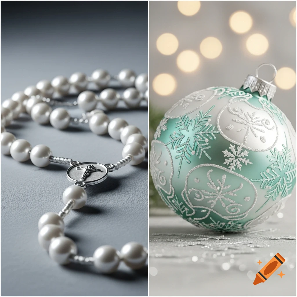 A split image with a white pearl rosary with a silver crucifix on the left, and an aqua and white Christmas ornament with snowflake designs on the right.