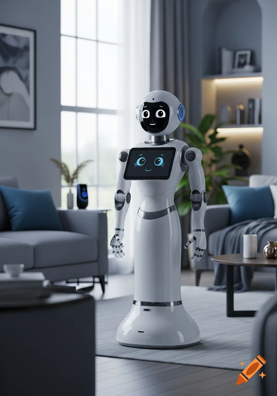 A sleek white humanoid robot with smiling emoji faces on its head and chest screens stands in a modern, well-lit living room.