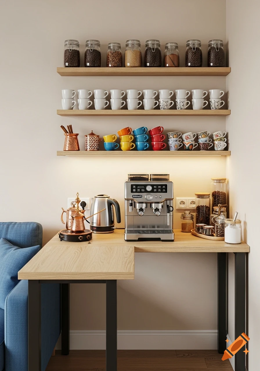 Photorealistic modern coffee corner with a Delonghi espresso machine, kettle, shelves of cups and jars on a wood counter.