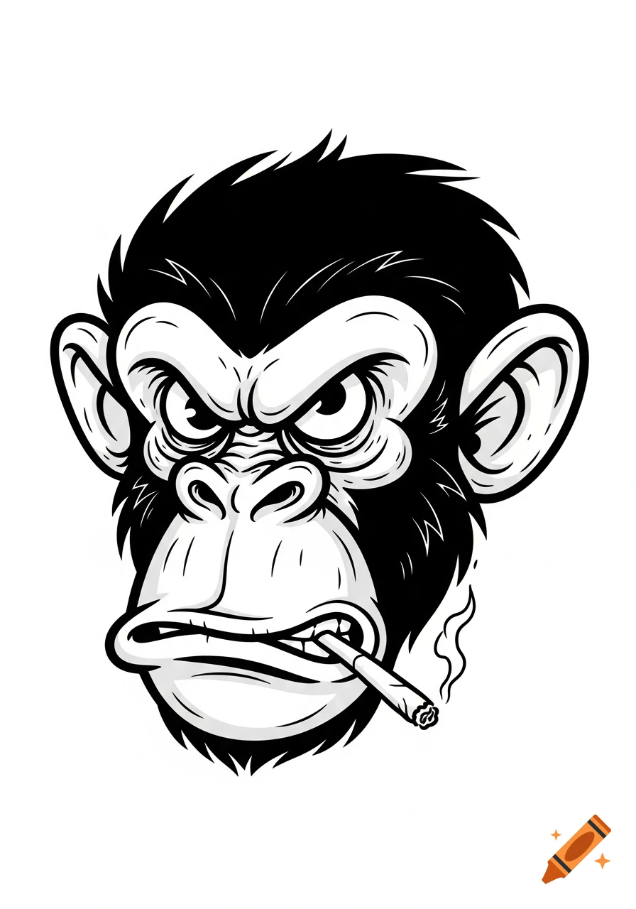 Black and white cartoon illustration of a cranky monkey's head with a cigarette in its mouth.