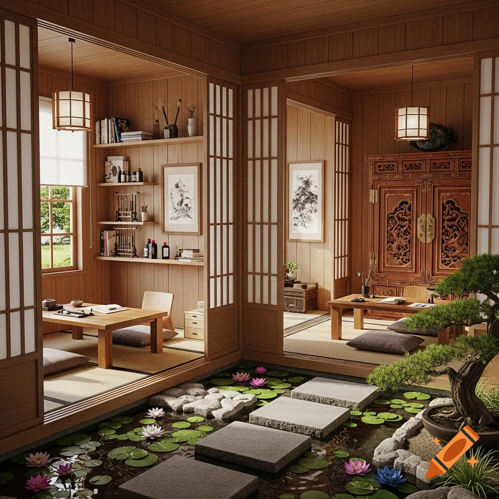 Japanese-style room with wooden walls, shoji screens, a study area, reading nook, and an indoor pond with stepping stones, water lilies.