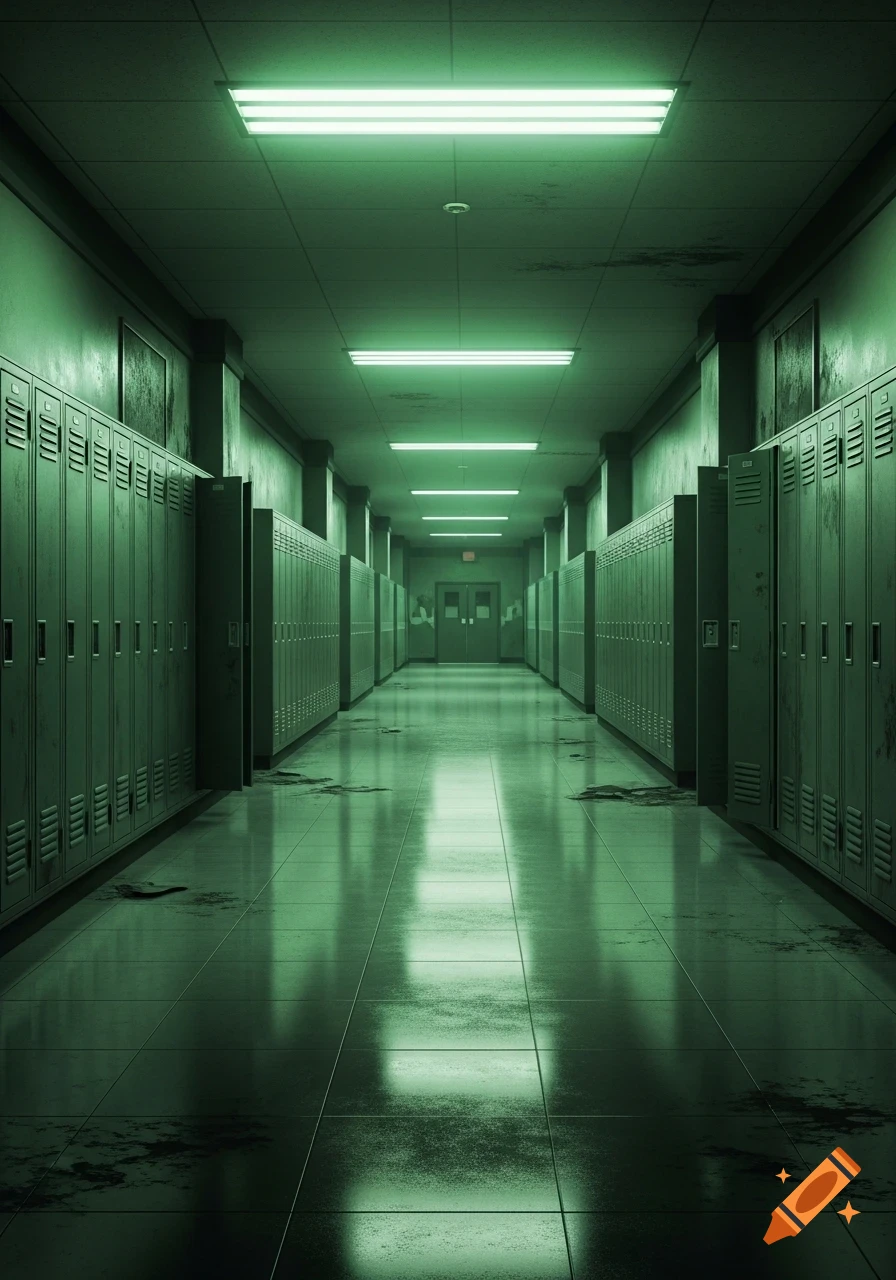 An empty, eerie school hallway with green fluorescent lights, rows of lockers, and dirty tiled floors, creating a gloomy atmosphere.