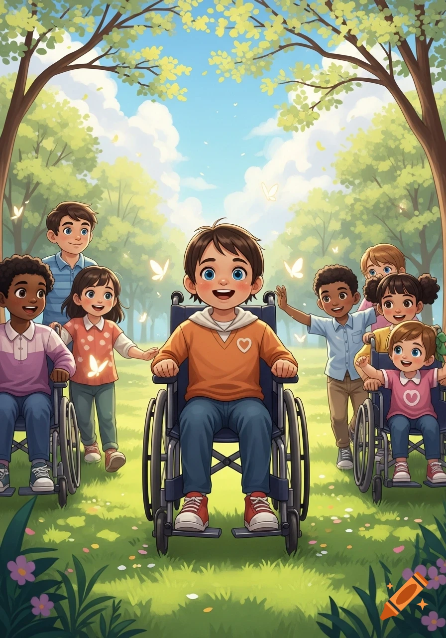 Happy diverse children, some in wheelchairs, playing with friends in a sunny park with trees and butterflies. Cartoon illustration.