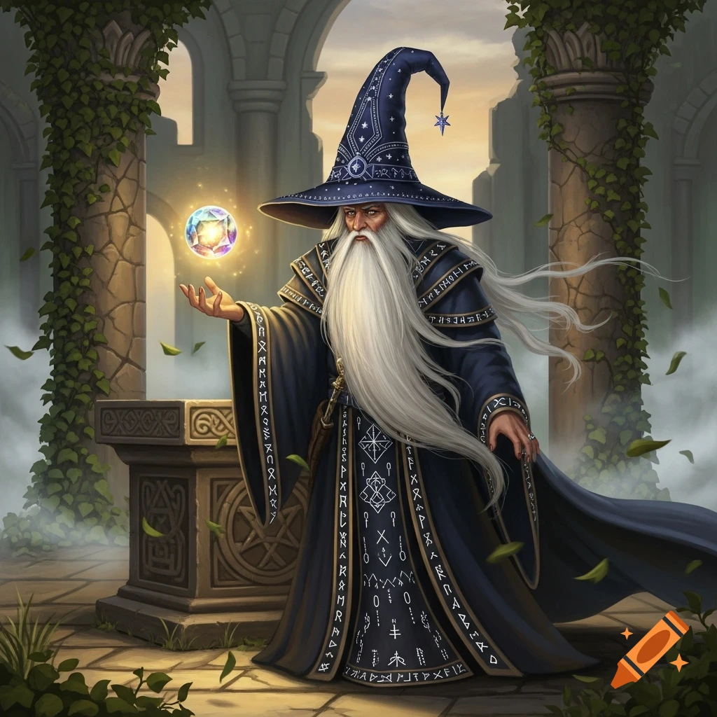 A detailed fantasy illustration of an old wizard with a long white beard and a pointed hat, holding a glowing magical orb in ancient ruins.