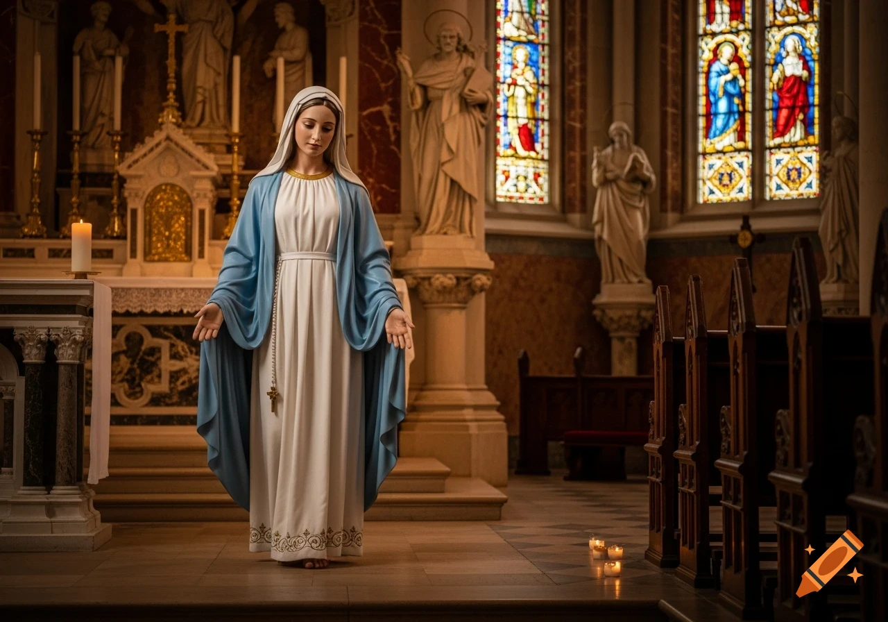A serene statue of the Virgin Mary in a blue and white robe stands with open hands inside a dimly lit church, with stained glass windows in the background.