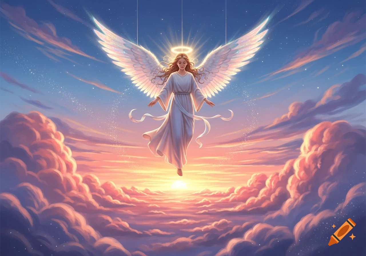 A majestic angel with large white wings and a halo floats peacefully in a vibrant, cloudy sunset sky, illustrative.
