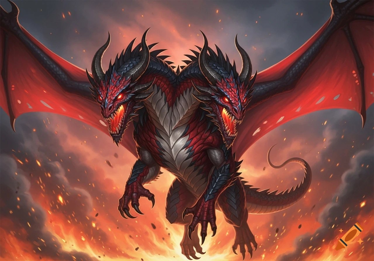 A fearsome two-headed red and black dragon with glowing red eyes and large red wings flies through a fiery, smoke-filled sky with embers.