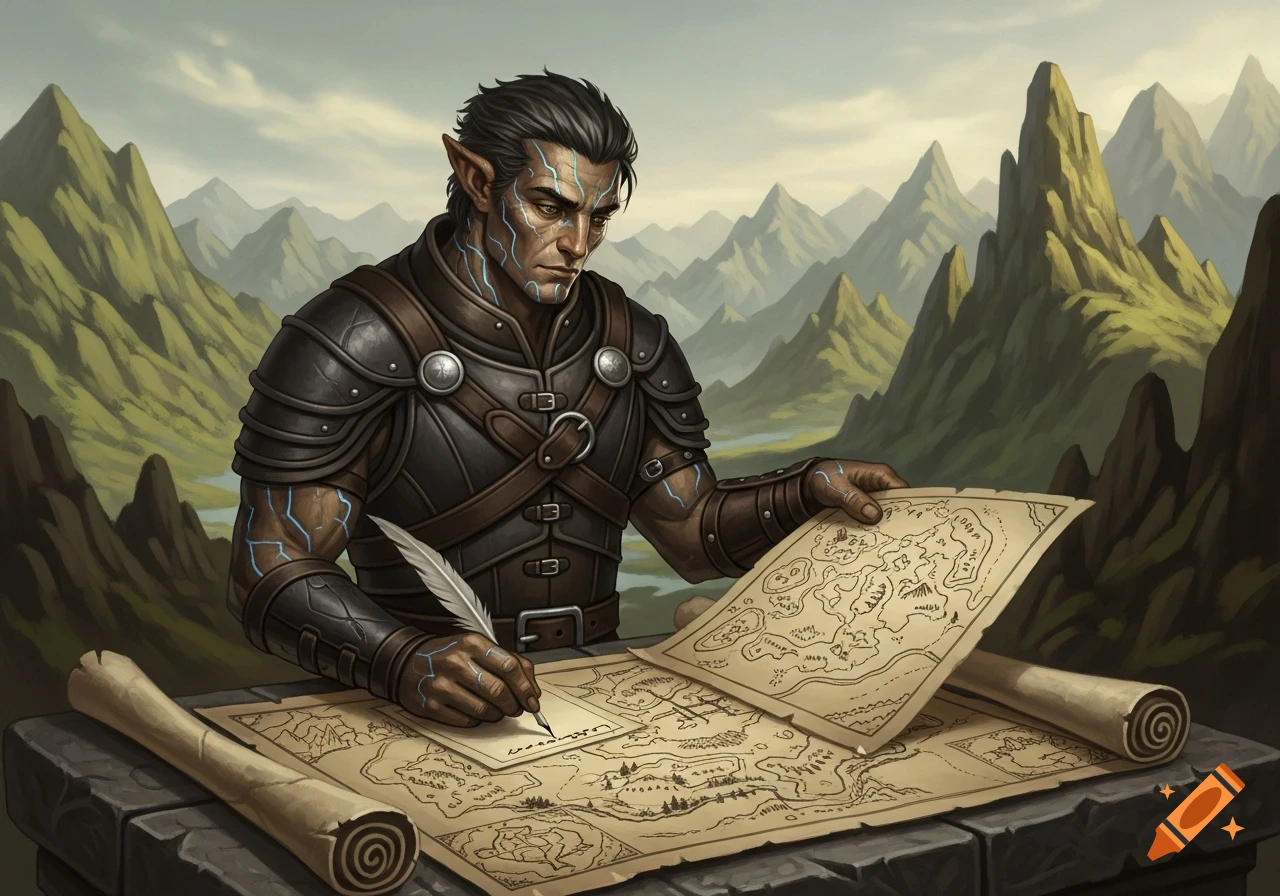 An earth genasi cartographer in leather armor draws on a map with a quill, surrounded by mountains.