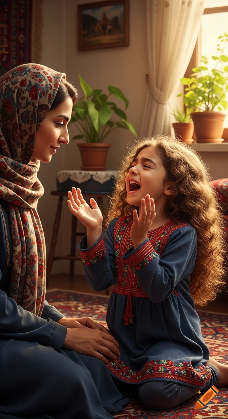 Photorealistic image of a mother in a headscarf looking at her laughing daughter, both kneeling on a patterned rug in a sunlit home.