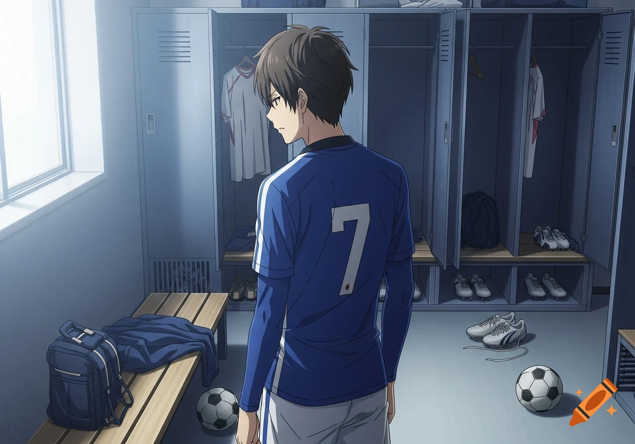 Anime guy in blue soccer uniform with number 7 on his back, standing sadly in a locker room.