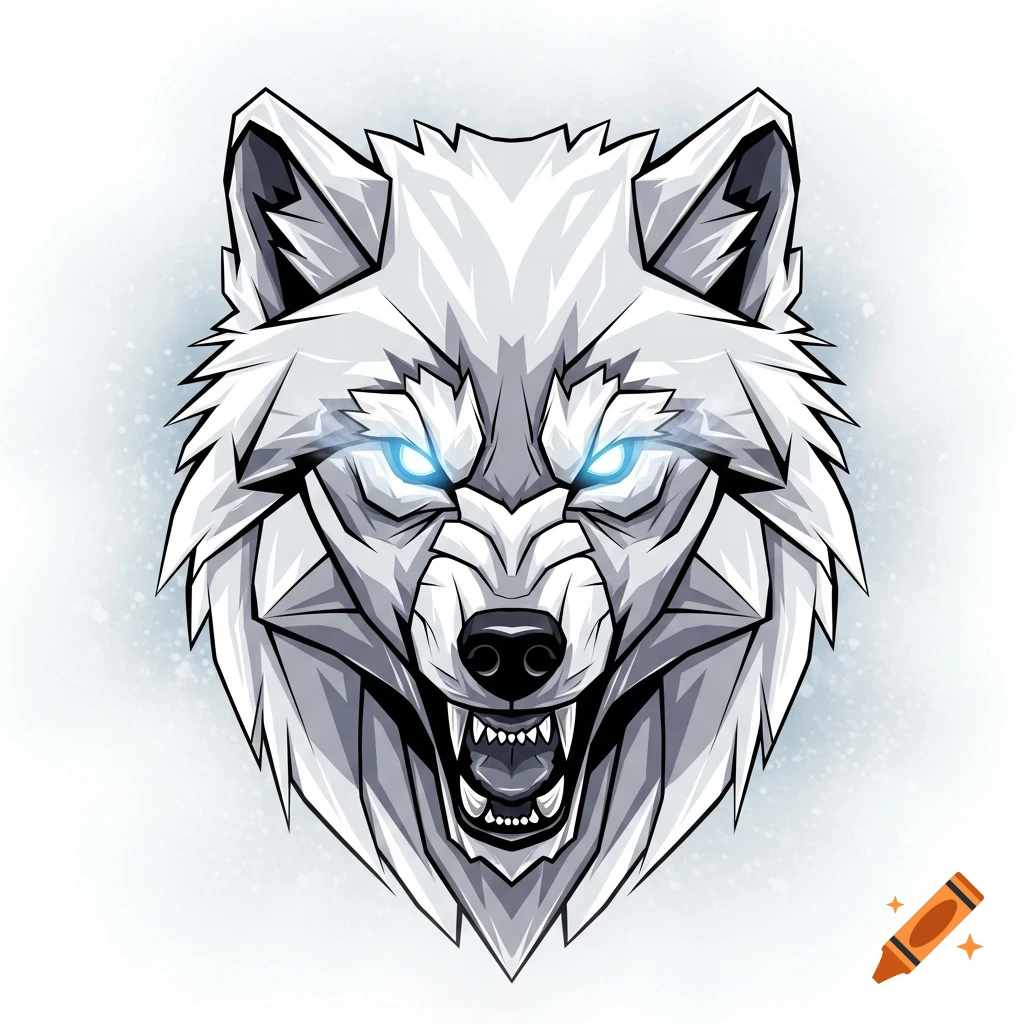 Stylized white wolf head snarling with glowing blue eyes, depicted with jagged, geometric lines on a light background.