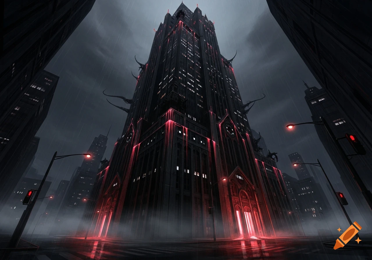 A tall, dark gothic skyscraper with glowing red lights stands ...