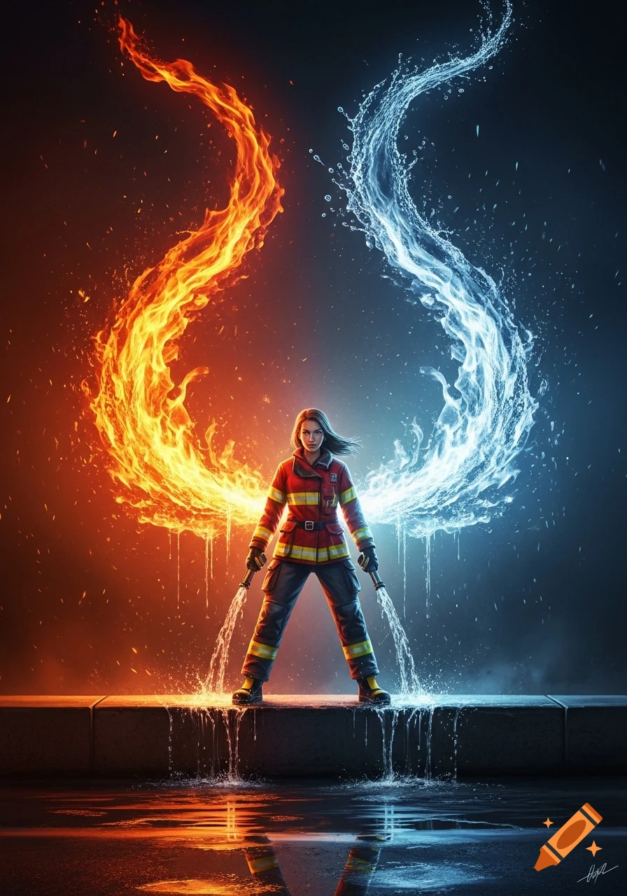 Digital art of a female firefighter standing between swirling fire and water, holding two hoses spraying water.