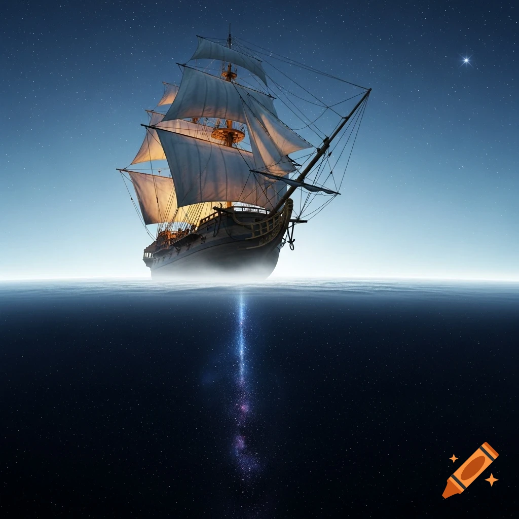 A majestic sailing ship with glowing sails floats on a flat, misty ocean under a starry sky, with a luminous cosmic beam extending into a starry abyss below.