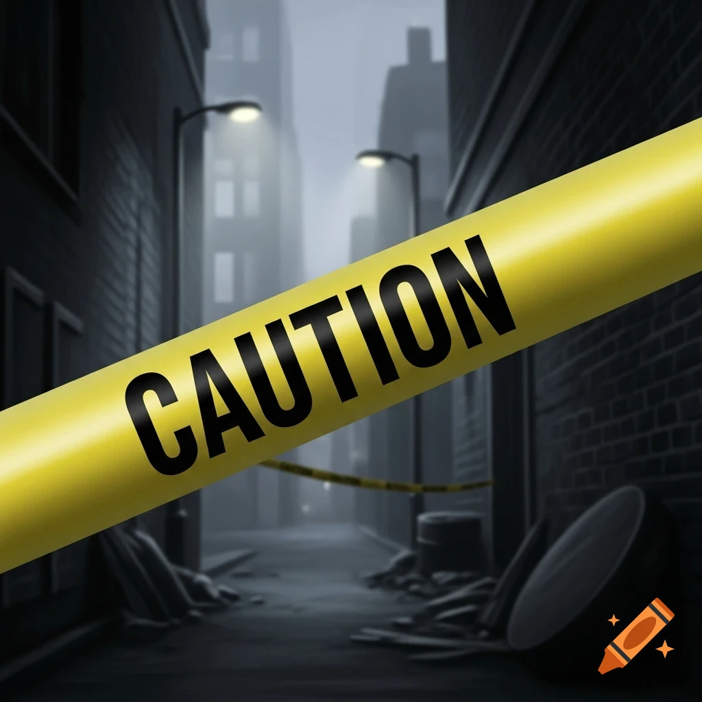 A yellow caution tape with the word "CAUTION" in black letters spans across a dark, blurry alleyway illuminated by streetlights.