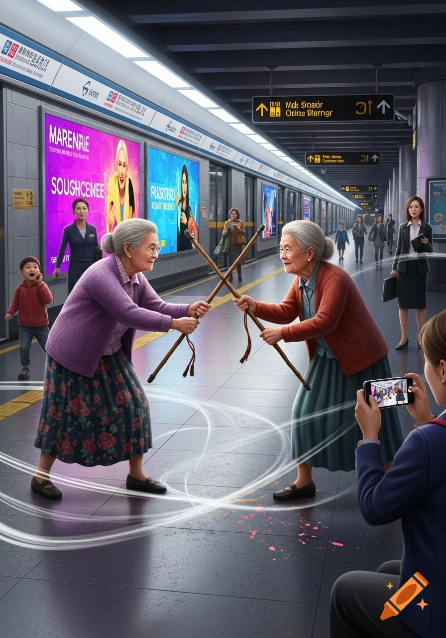 Two elderly women playfully duel with walking sticks in a subway station as onlookers watch.