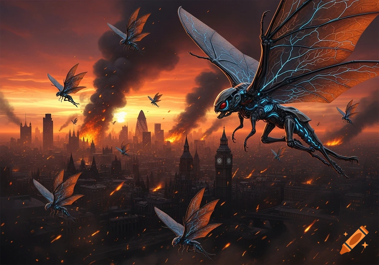 A swarm of biomechanical insect-like aliens with glowing blue veins fly over a burning, destroyed London at sunset, with smoke rising.