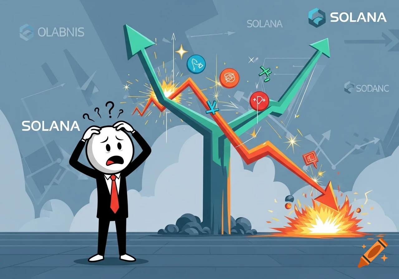 A cartoon stick figure in a suit looks confused with question marks over his head, standing before diverging financial graph arrows representing up and down trends in the market, with various crypto icons and explosions.