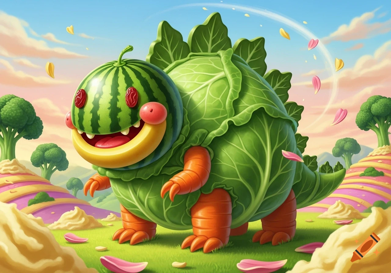 A cute, cartoonish dinosaur-like creature with a watermelon head, cabbage body, and carrot limbs, standing in a vibrant green landscape.