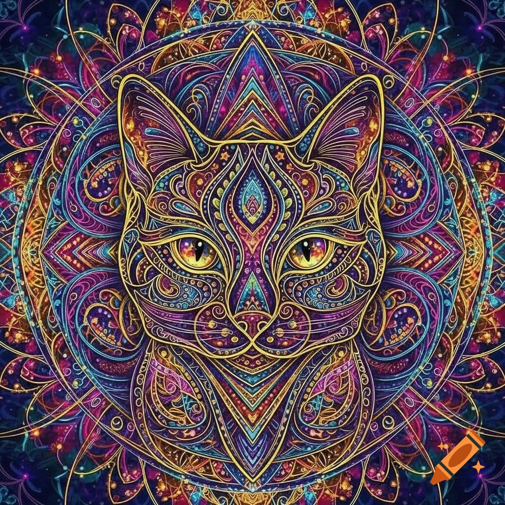 A vibrant, intricate cat's face designed in a kaleidoscopic mandala style, featuring patterns in purple, blue, gold, and pink.