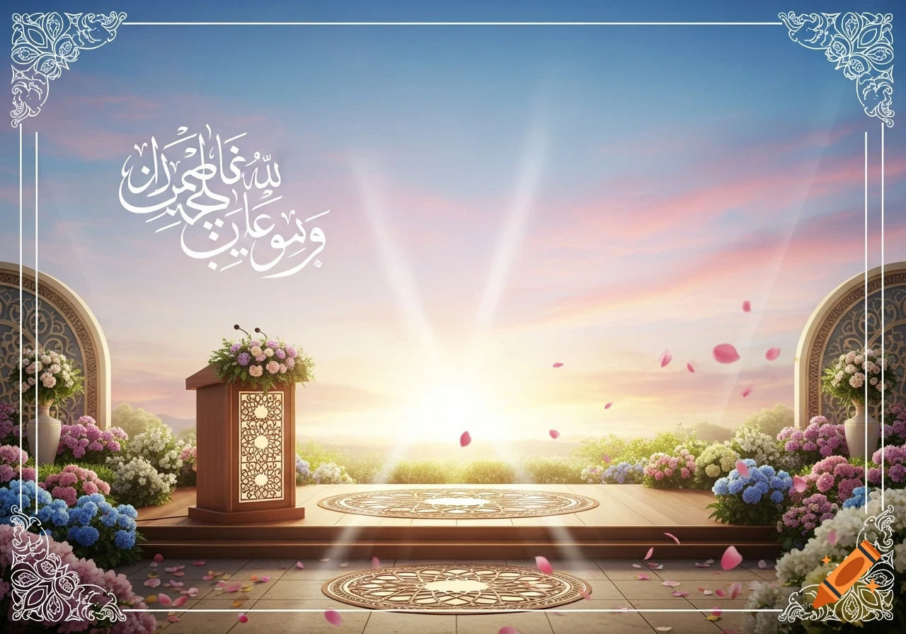 An outdoor stage with a wooden podium, colorful flowers, a radiant sunrise/sunset sky, and Arabic calligraphy.