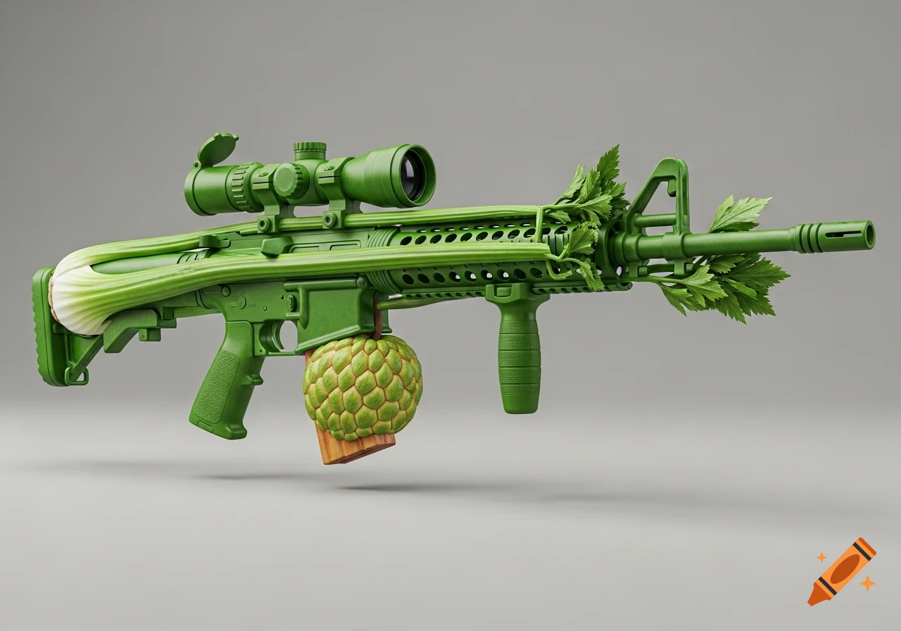 A photorealistic M4 assault rifle made of green celery, leaves, and a cherimoya fruit on a gray background.