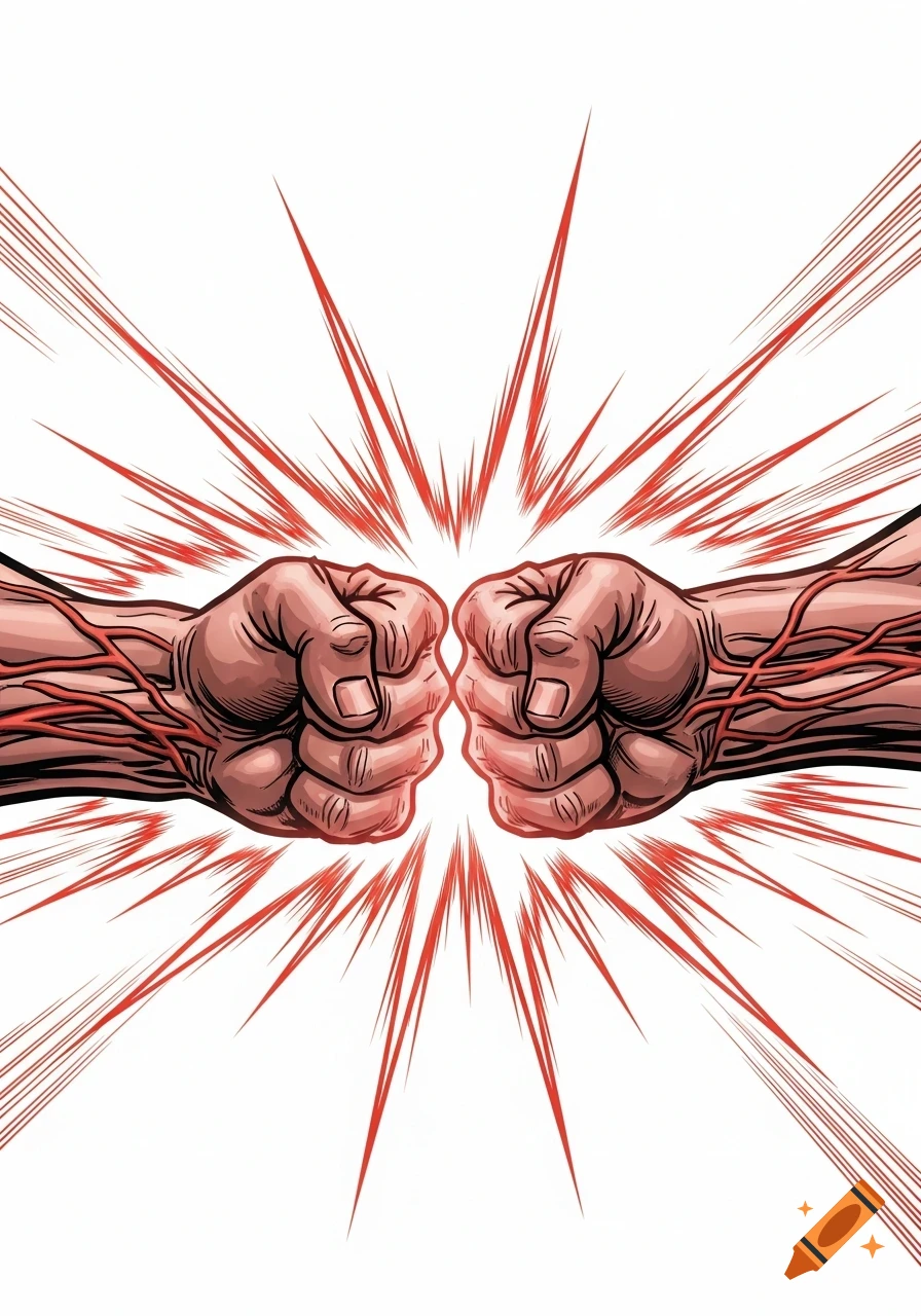 Two muscular comic book style fists collide, surrounded by a powerful red glow and speed lines.