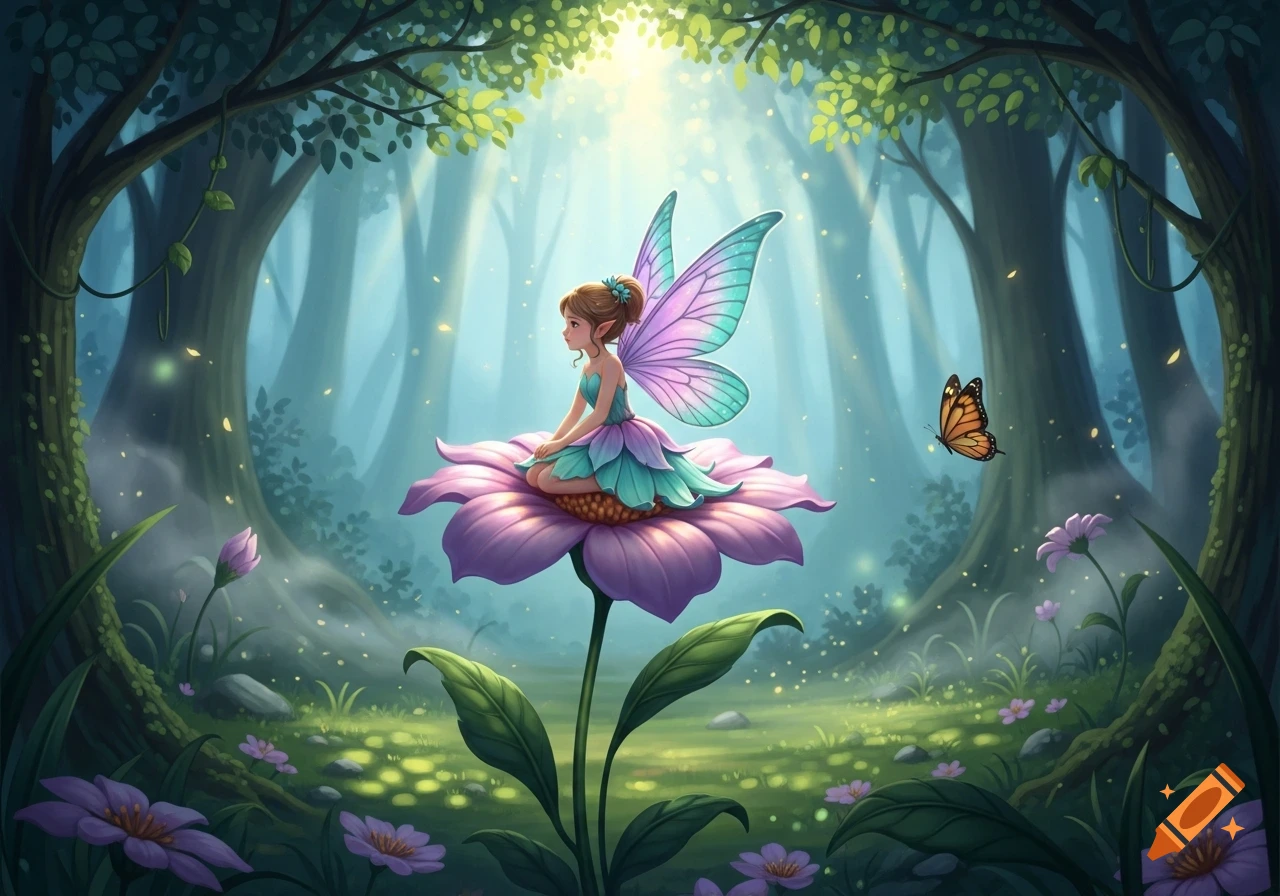 A tiny fairy with teal and purple wings sits on a large purple flower in a magical, sunlit forest. A butterfly flies nearby.