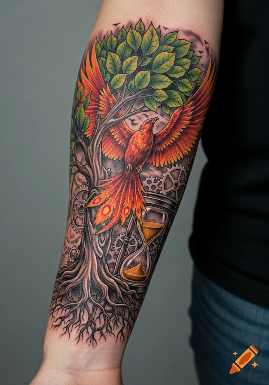 A vibrant full-arm tattoo featuring an orange phoenix on a tree with roots, gears, and an hourglass on a person's forearm.