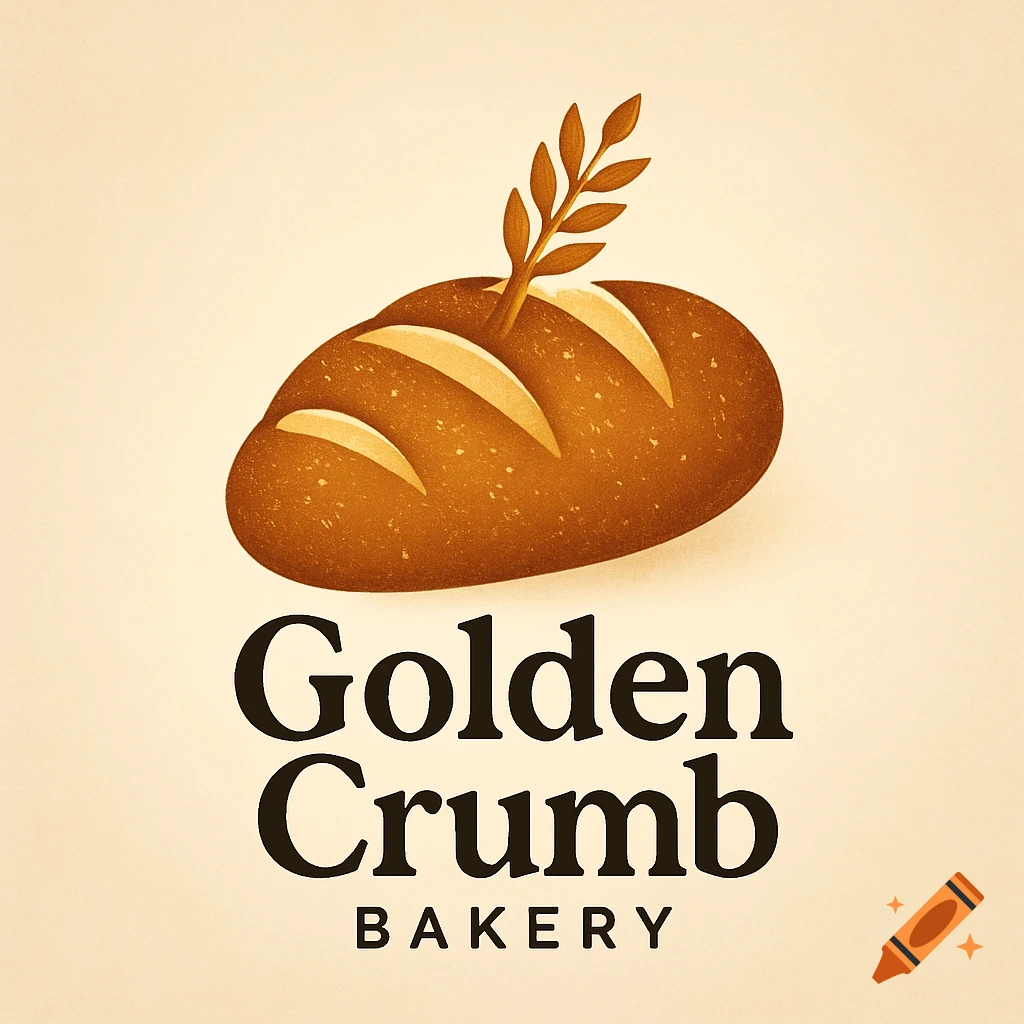 An illustrated logo for Golden Crumb Bakery featuring a brown loaf of bread with a wheat stalk on top, on a cream background.