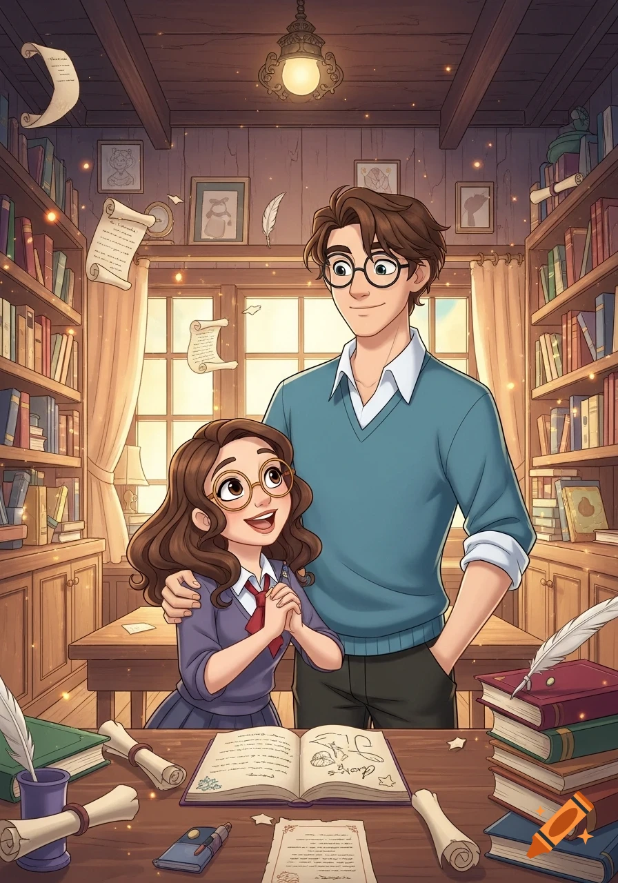 A man and a young girl with glasses in a magical, sunlit library, surrounded by books, scrolls, and glowing particles. They are smiling, and an open book is on the table.