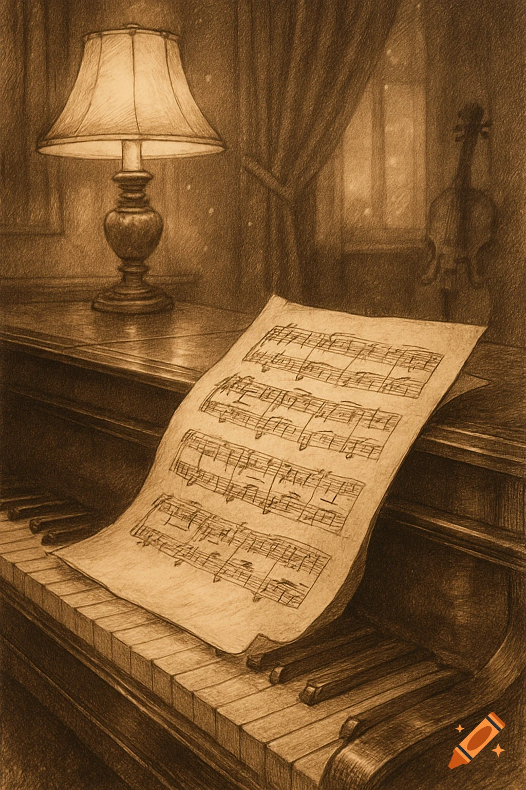 A sepia-toned pencil drawing of a piano with sheet music, a lit lamp, and a violin in the background.